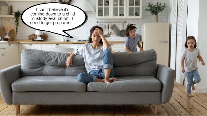 A person sits on a couch in a kitchen, looking concerned, with two children playing behind. A speech bubble floats above, filled with worry and thoughts.