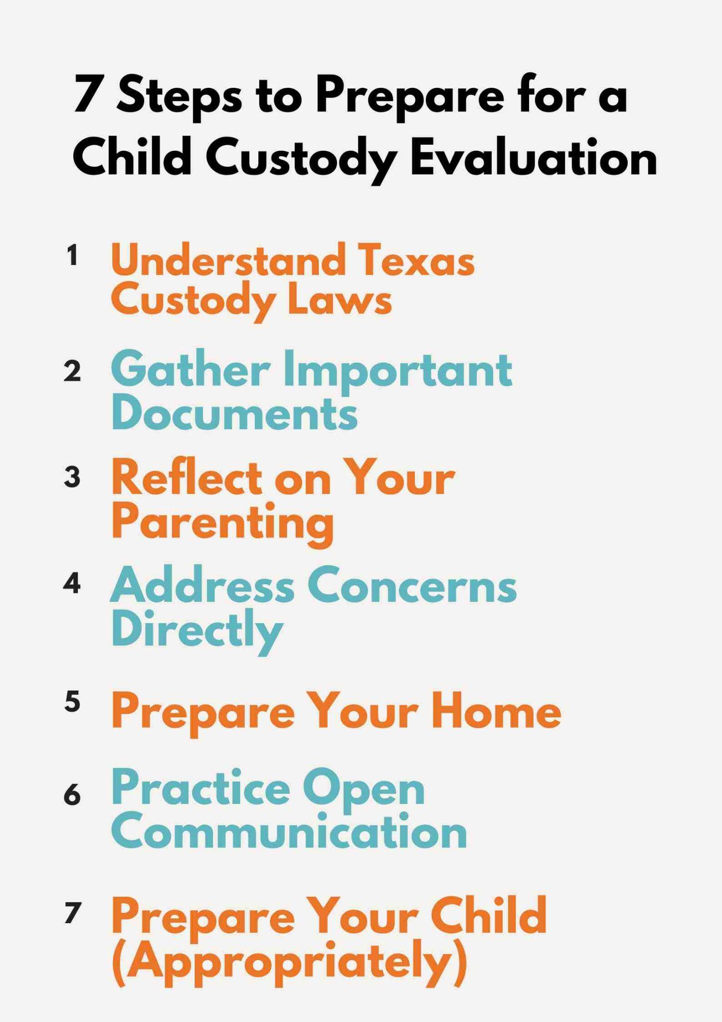 How to Prepare for a Child Custody Evaluation: 1) Understand laws; 2) Gather documents; 3) Reflect on parenting; 4) Address concerns; 5) Prepare home; 6) Practice communication skills; 7) Prepare your child.