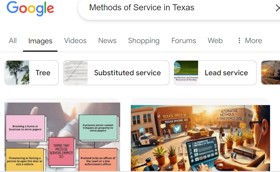 A screenshot of a Google Image search for "Methods of Service in Texas," displays various related image results and search options.