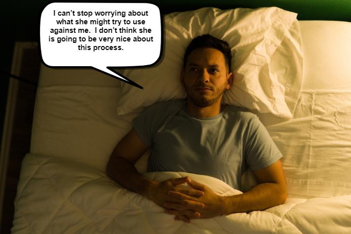 Lying in bed at night, the man looked thoughtful, a speech bubble hovering above expressing concern about what could be used against him in a divorce.