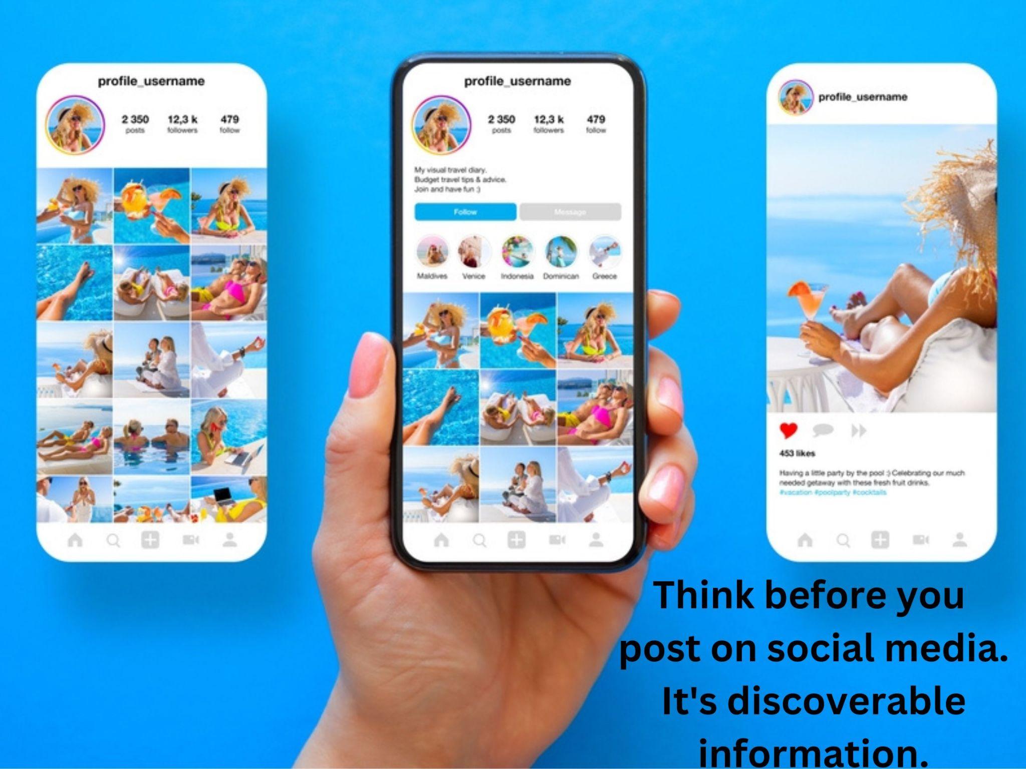 Three smartphones display social media profiles with beach photos. A message reads, "Think before you post on social media. It's discoverable information and could be what can be used against you in a divorce.