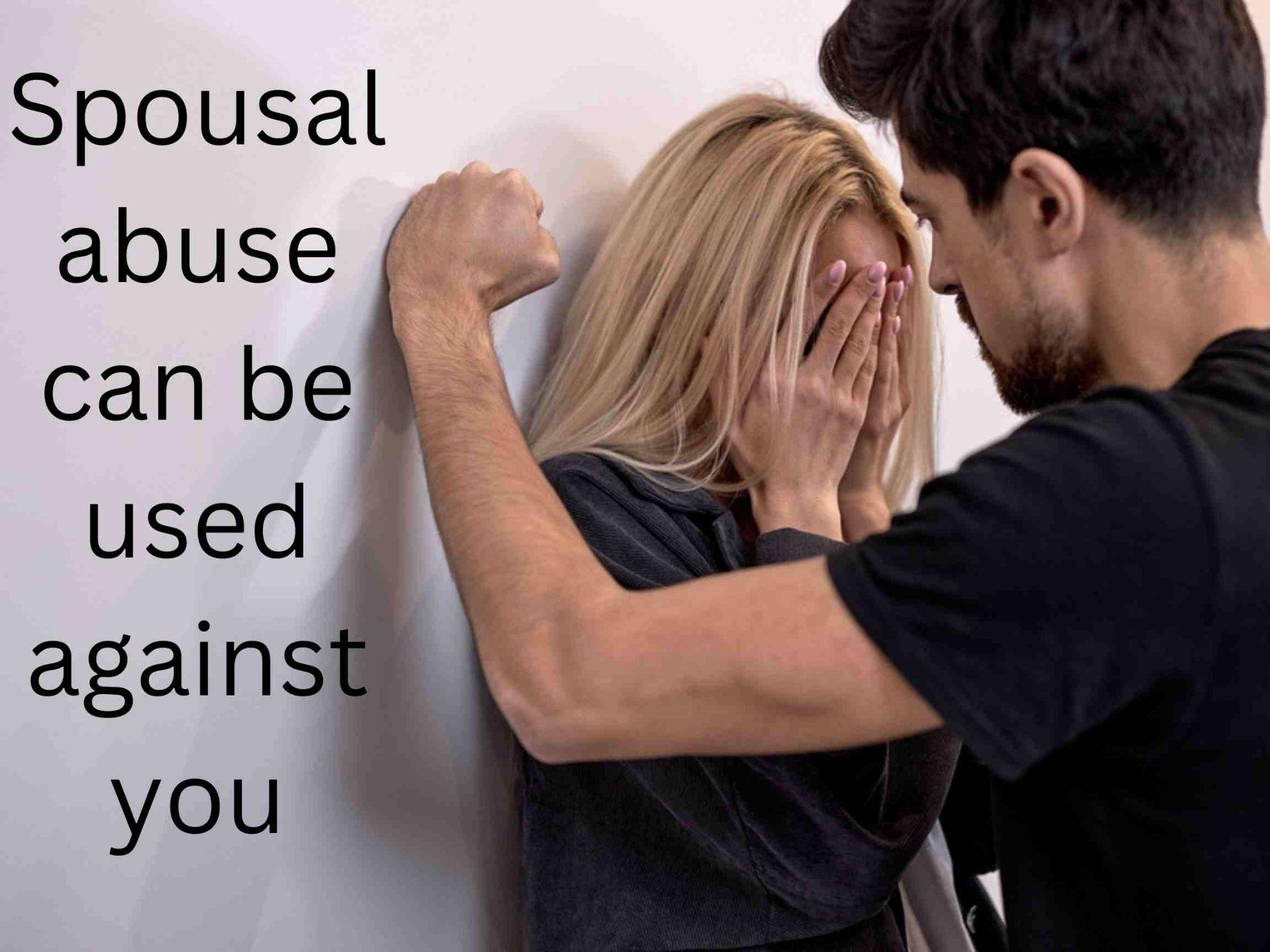 A man confronts a woman against a wall; text reads, "Spousal abuse is one of the things that can be used against you in a divorce.