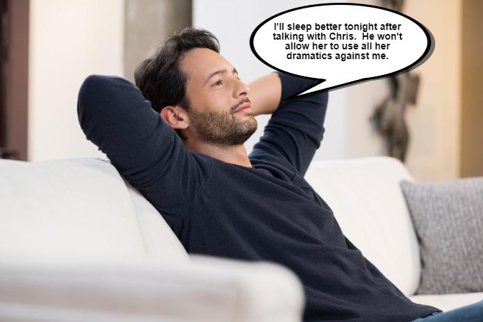 A man lounges on a couch, leaning back with a thoughtful expression. A speech bubble reveals his relief after discussing with Chris, putting the dramatics of others into perspective.