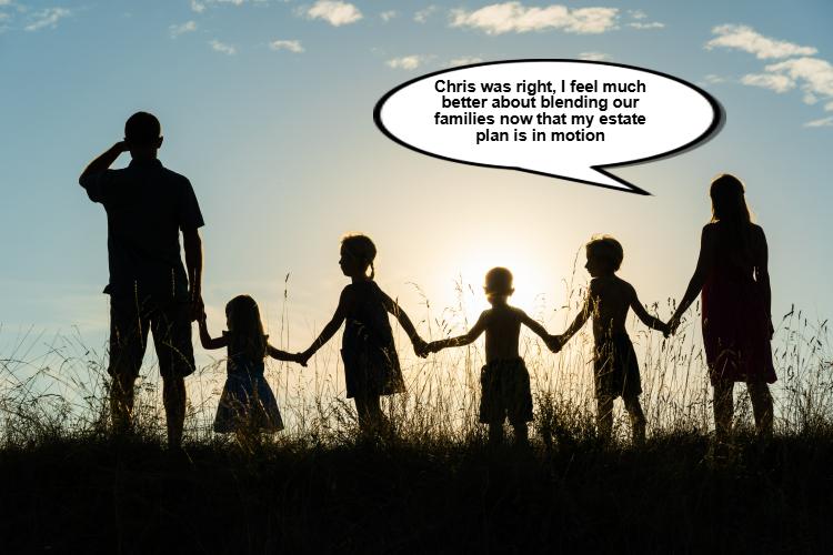 Silhouette of a family holding hands in a field at sunset, with a speech bubble