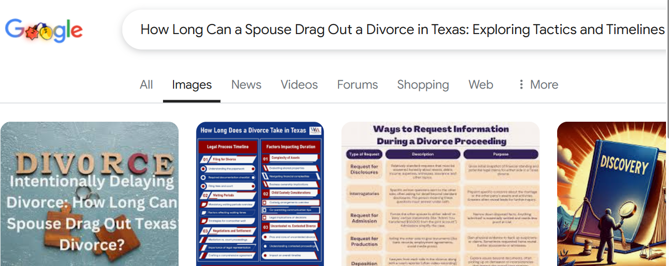A Google search results page displaying information about divorce procedures in Texas, including tactics, timelines, and insights on how long a spouse can drag out a divorce.