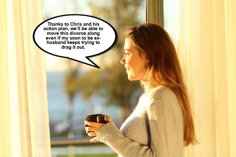 A woman holds a cup and gazes outside, pondering her divorce plan progressing