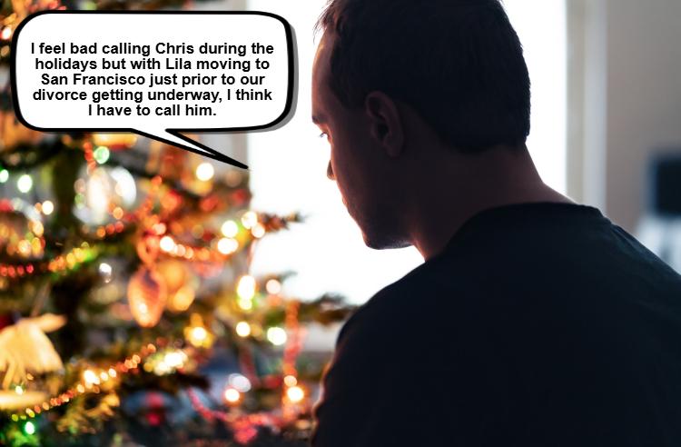 A man stands in front of a decorated Christmas tree, contemplating how to contact someone about a divorce now