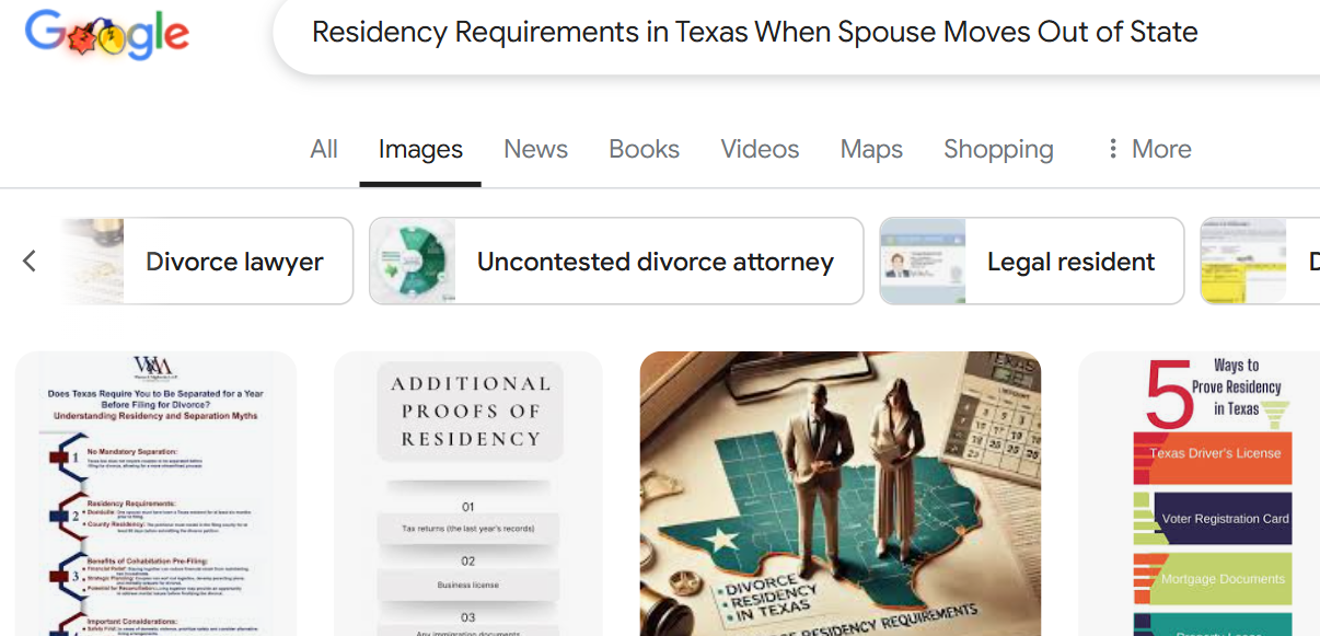 Google search results page displaying topics such as divorce lawyer, uncontested divorce attorney, and legal resident, alongside images of documents and graphics about residency and divorce in Texas. Find out what happens if a spouse moves out of state before divorce proceedings begin.