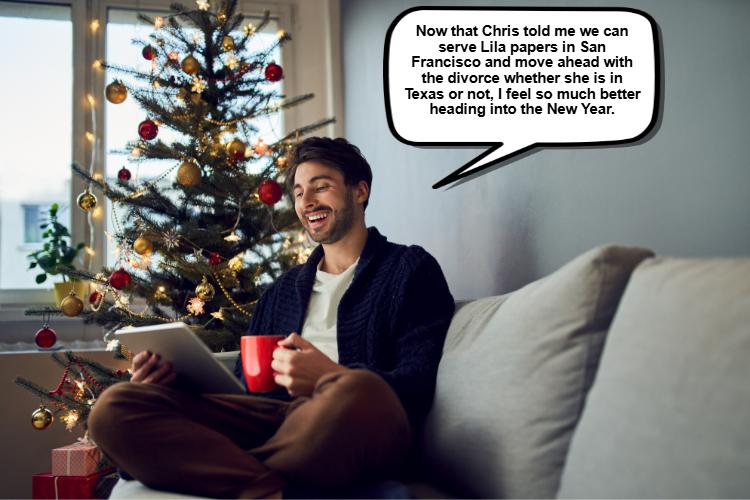 A man sits on the couch with a tablet and red mug, smiling by the decorated Christmas tree. In a speech bubble, he talks about serving someone papers as his spouse moves out of state before divorce, feeling optimistic for a brighter New Year.