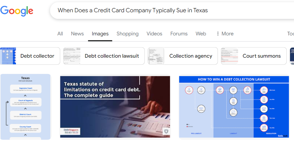 Screenshot of Google search results for credit card lawsuits in Texas, highlighting images related to debt collection, legal guides, and credit card debt statutes. Curious if a credit card company can sue you? The answer lies in these detailed insights.