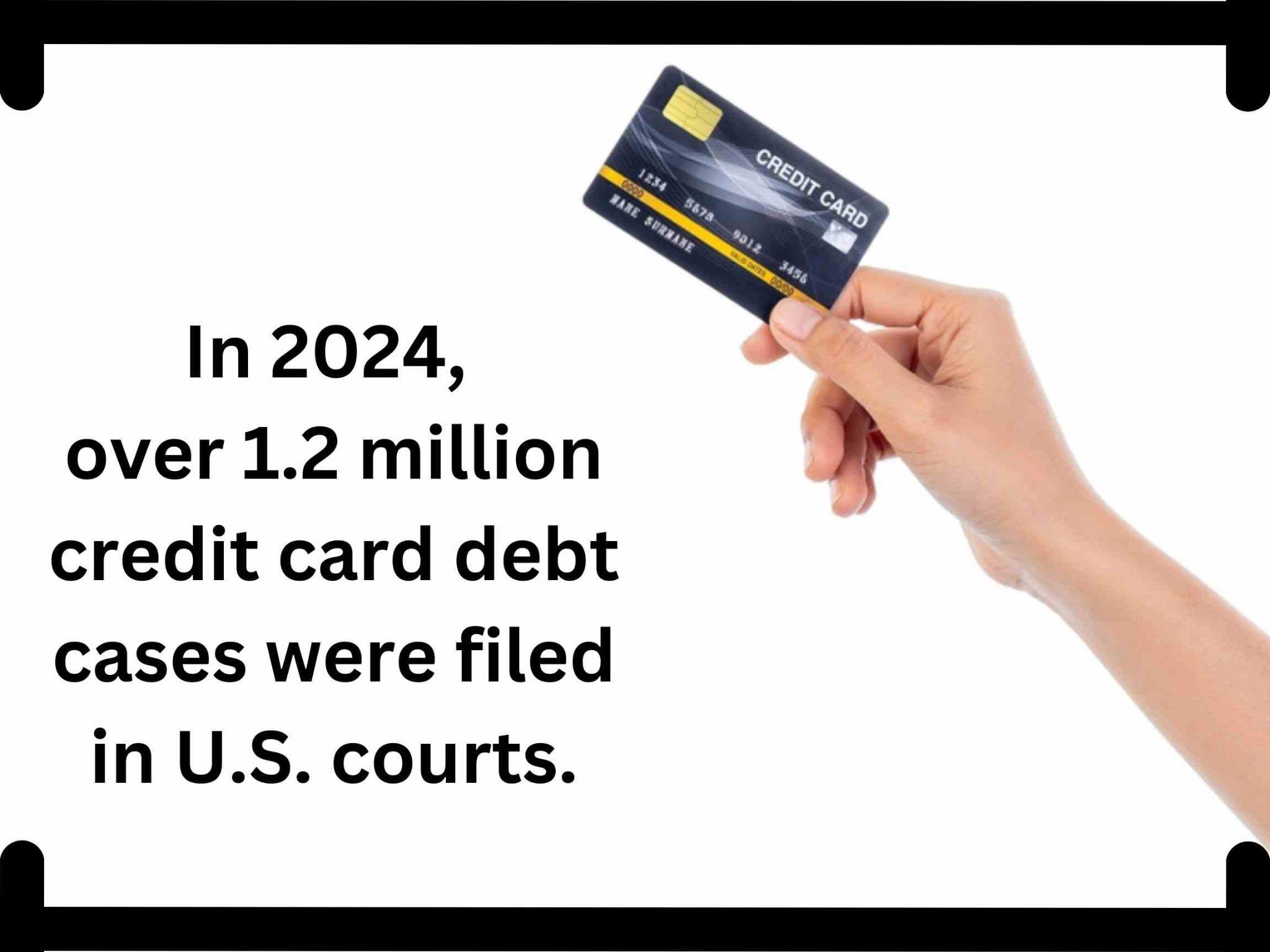 Hand holding a credit card next to the text: "In 2024, over 1.2 million credit card debt cases were filed in U.S. courts as card companies pursued legal actions for unpaid debts.