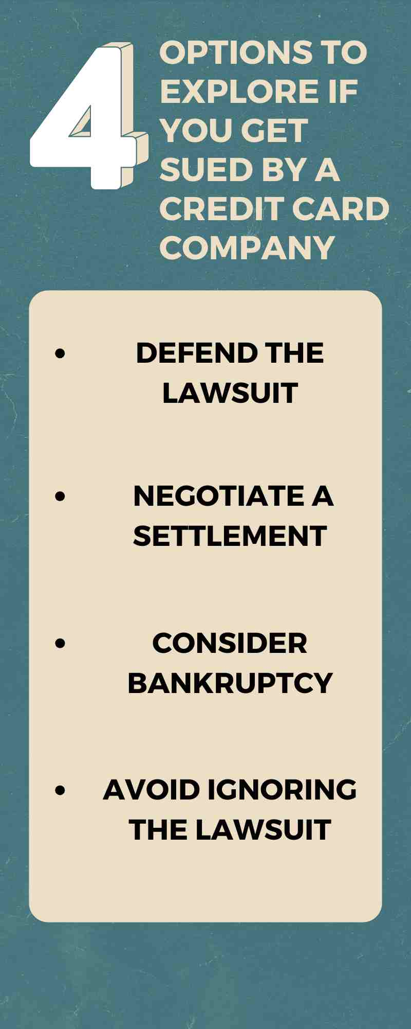 Infographic titled "4 Options to Explore if You Get Sued by a Credit Card Company: Can a Credit Card Company Sue You?": 1. Defend the lawsuit. 2. Negotiate a settlement. 3. Consider bankruptcy. 4. Avoid ignoring the lawsuit.