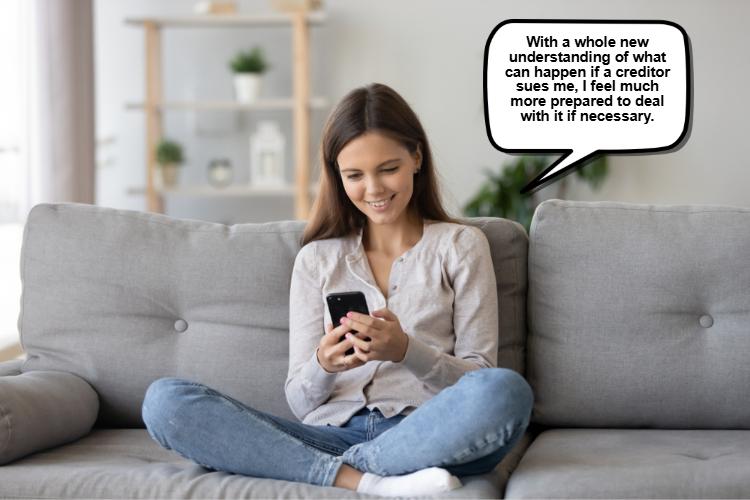 A woman sits cross-legged on a couch, absorbed in her phone. A speech bubble shows her pondering the question as she feels prepared for any financial challenge that might come her way.