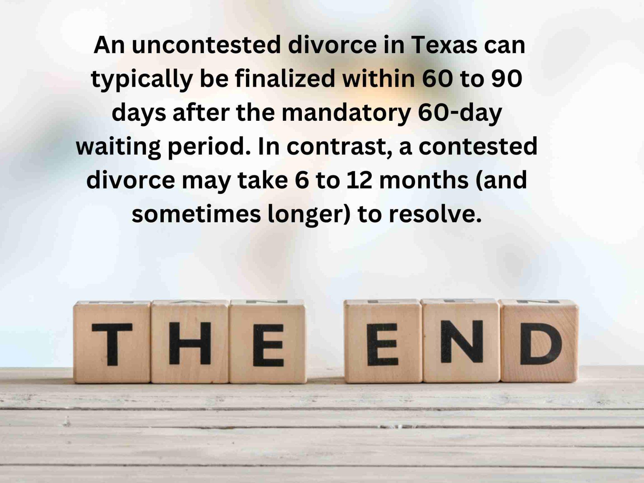 Wooden blocks spelling "THE END" sit on a table, accompanied by text detailing divorce timelines in Texas. The display highlights the differences between contested vs uncontested divorce, offering insights into how each process may affect the journey to closure.