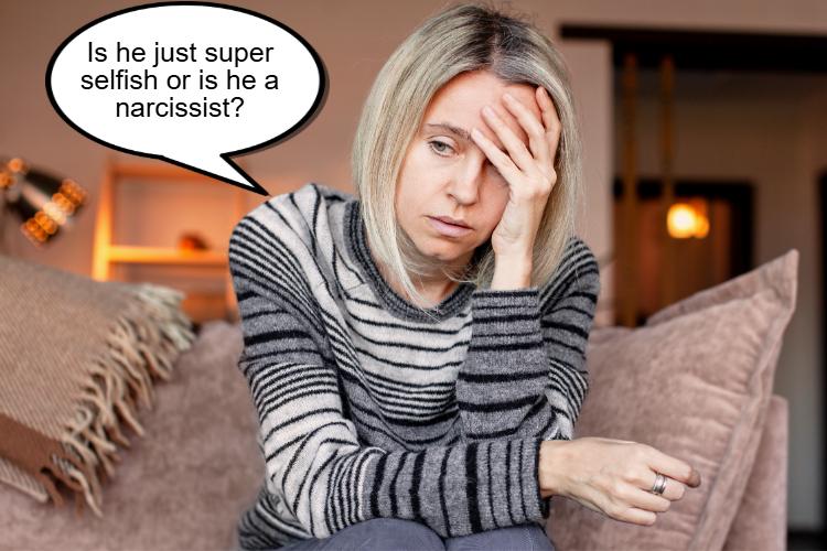 A woman with a distressed expression sits on a couch, holding her forehead. A speech bubble says, "Is he just super selfish or is he a narcissist?" Navigating the Texas divorce stages can be overwhelming when divorcing a narcissist.