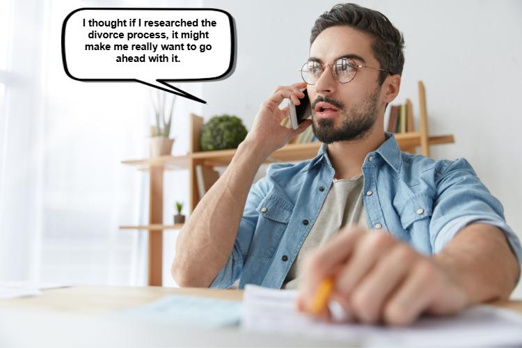 A man in glasses sits at a desk, holding a phone to his ear, with a speech bubble saying he considered researching to gauge his interest in proceeding.