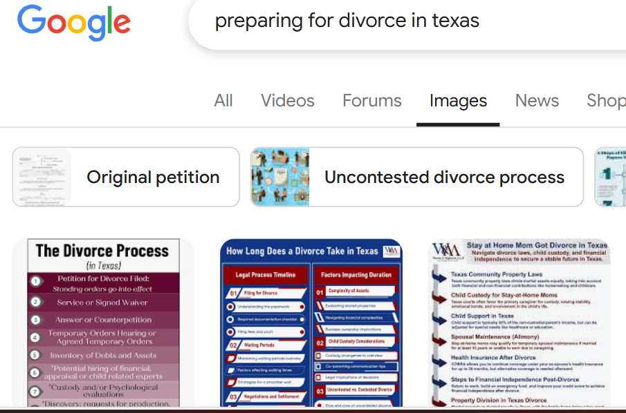 On a Google search results page, divorce preparation in Texas, featuring links and images related to legal process timelines and uncontested divorce procedures.