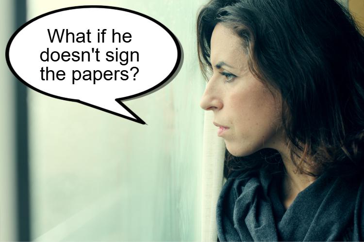 A woman gazes out the window with a worried expression, her speech bubble filled with uncertainty: "What happens if you don't sign divorce papers?.