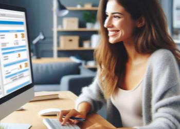 a young lady smiling on her computer