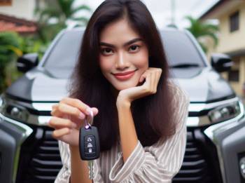 a young woman holding the keys to a new car that she just bought